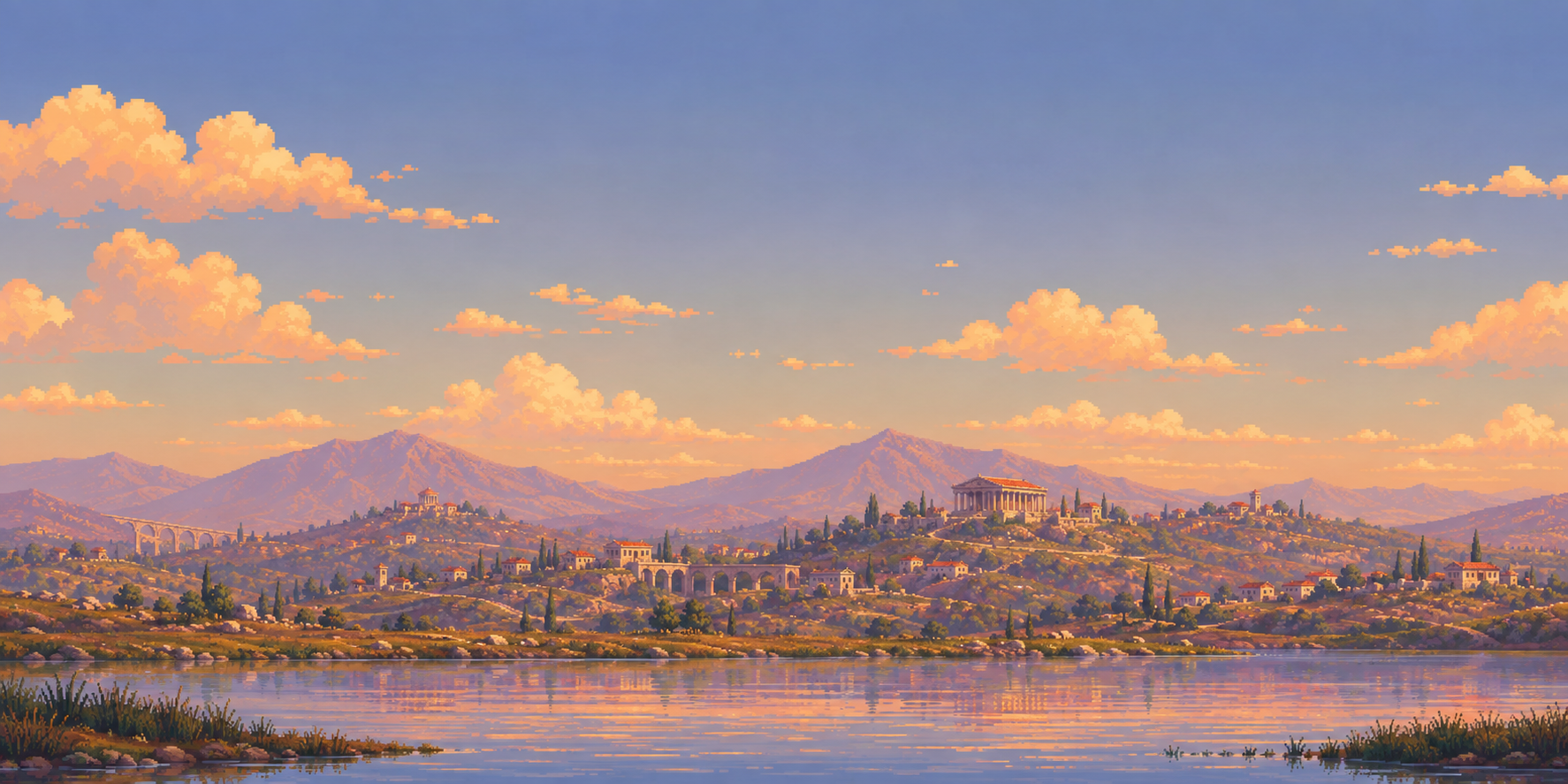 Project artwork: a Roman valley with temples, an aqueduct and a river at sunset