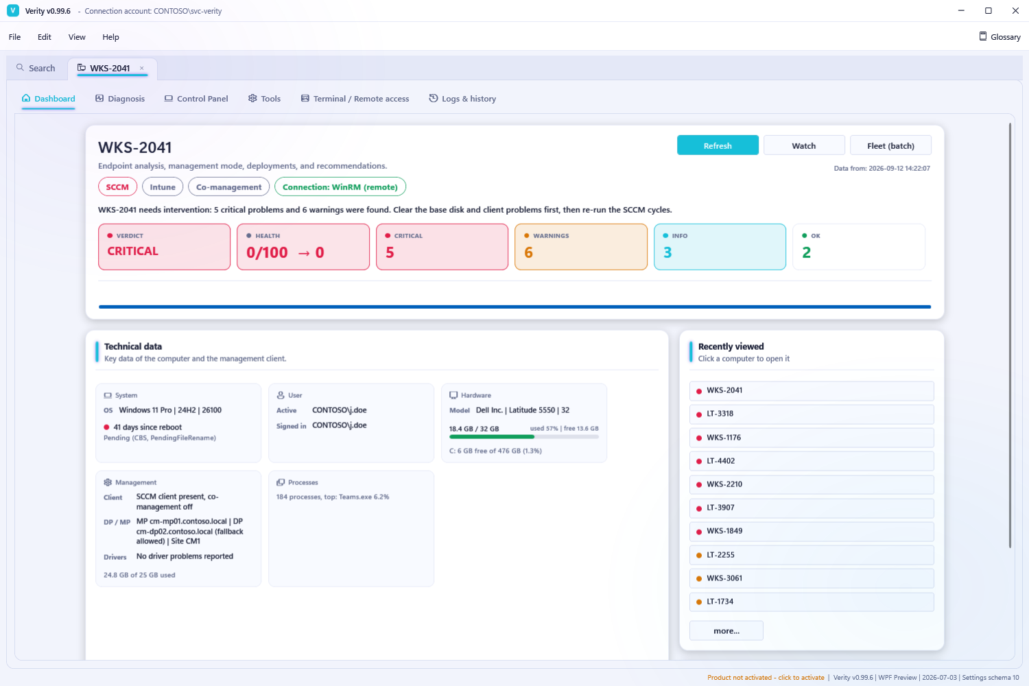 Verity dashboard with endpoint verdict, health score, finding counts, system and client details, recently viewed computers and recommended next steps