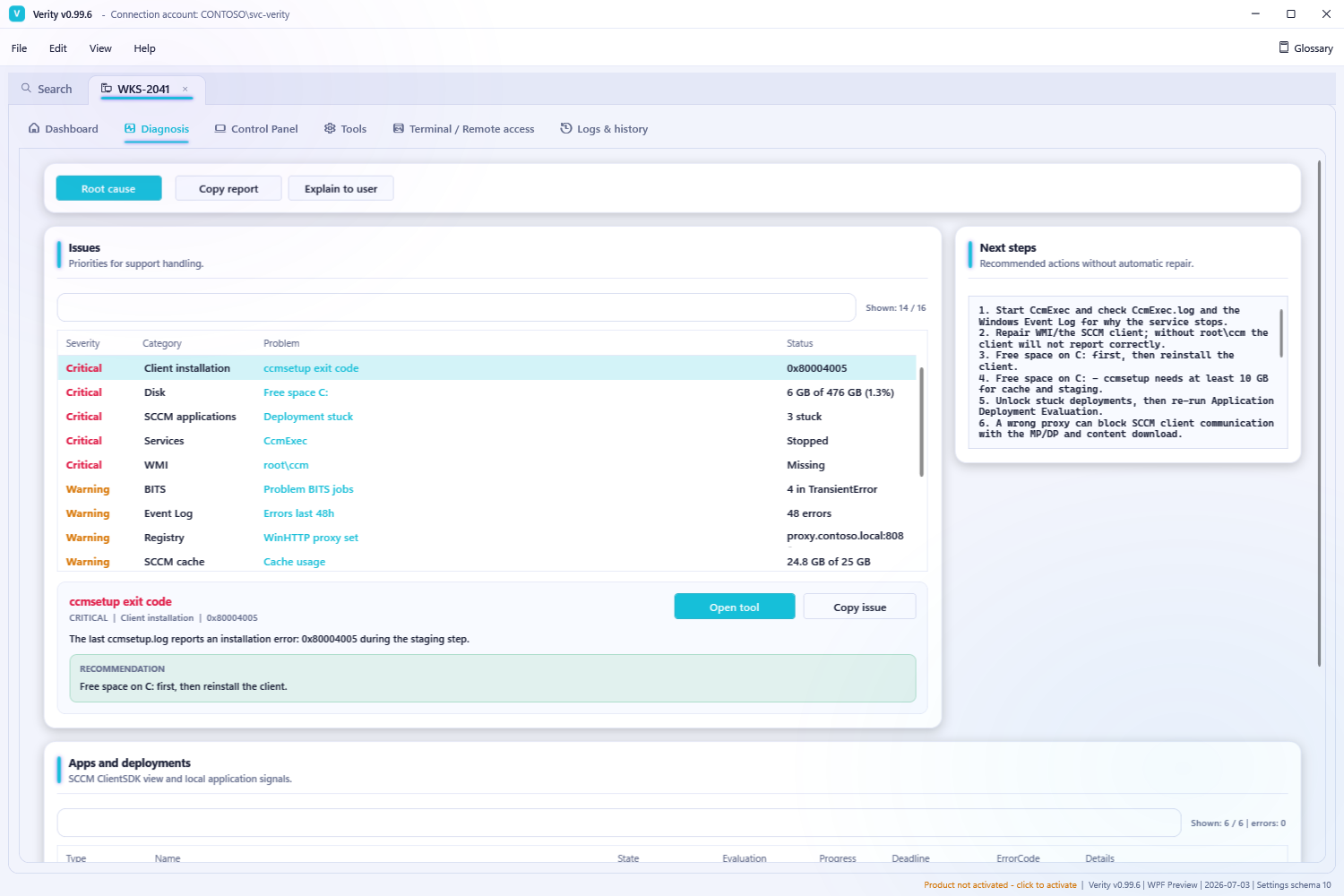 Verity diagnosis showing findings by severity and category, selected installation evidence and recommendation, and application and update states