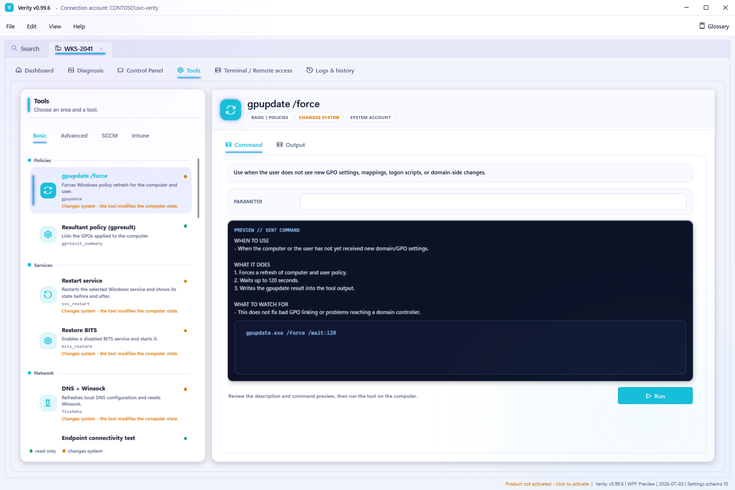 Verity tools catalogue with stable command identifiers, state-change labels and a gpupdate command preview before execution